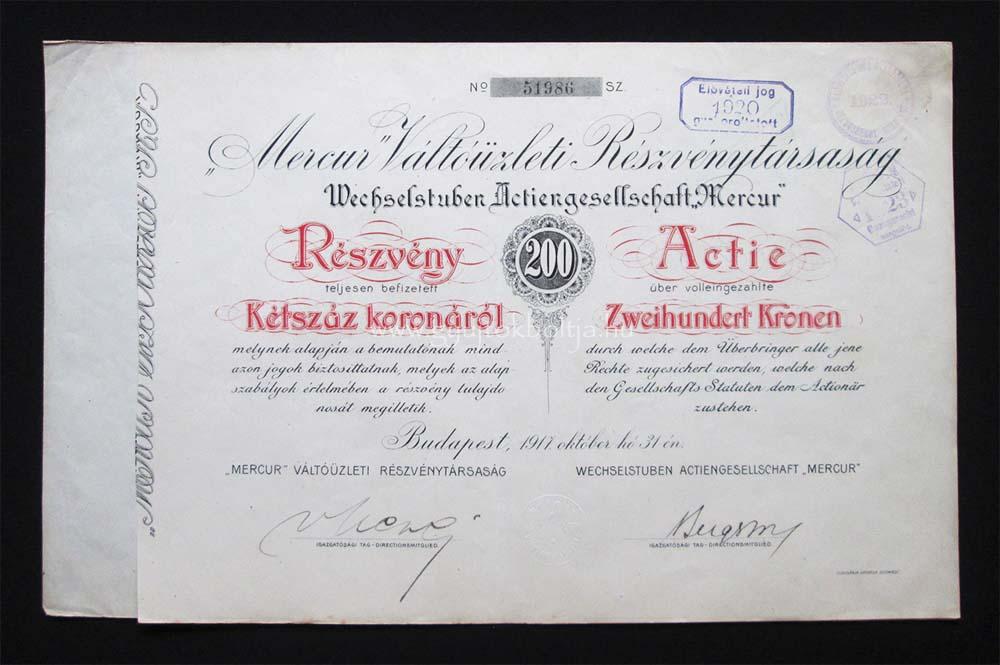 Mercur Váltóüzleti Részvénytársaság részvény 200 korona 1917